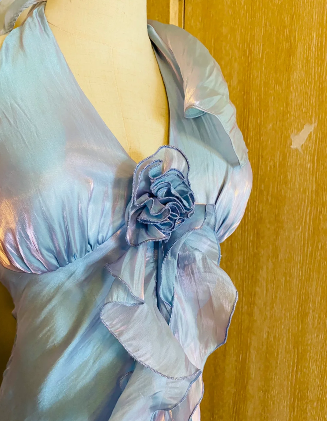 Dreamy Mermaid 3D Floral Ruffle Halter Neck Satin Long Prom Dress Evening Dress P4186