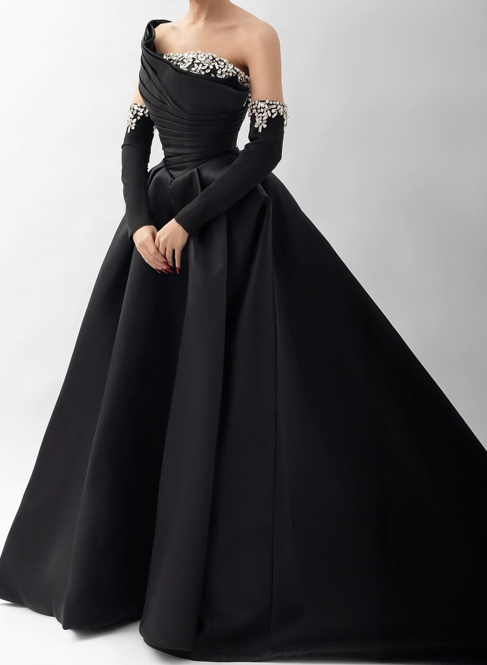 Elegant Pleated One-Shoulder Rhinestone Beading Detachable Sleeves A-Line Satin Evening Dresses