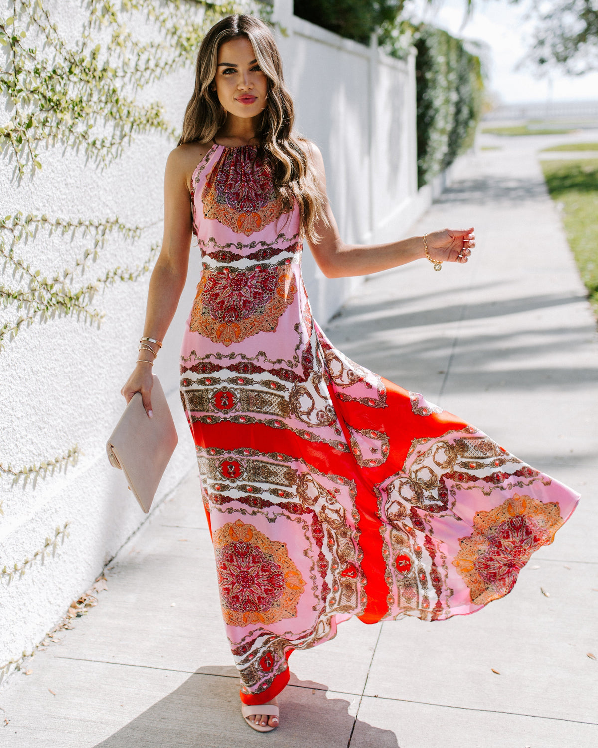 Scarf Print Halter Neck Sleeveless Maxi Dress