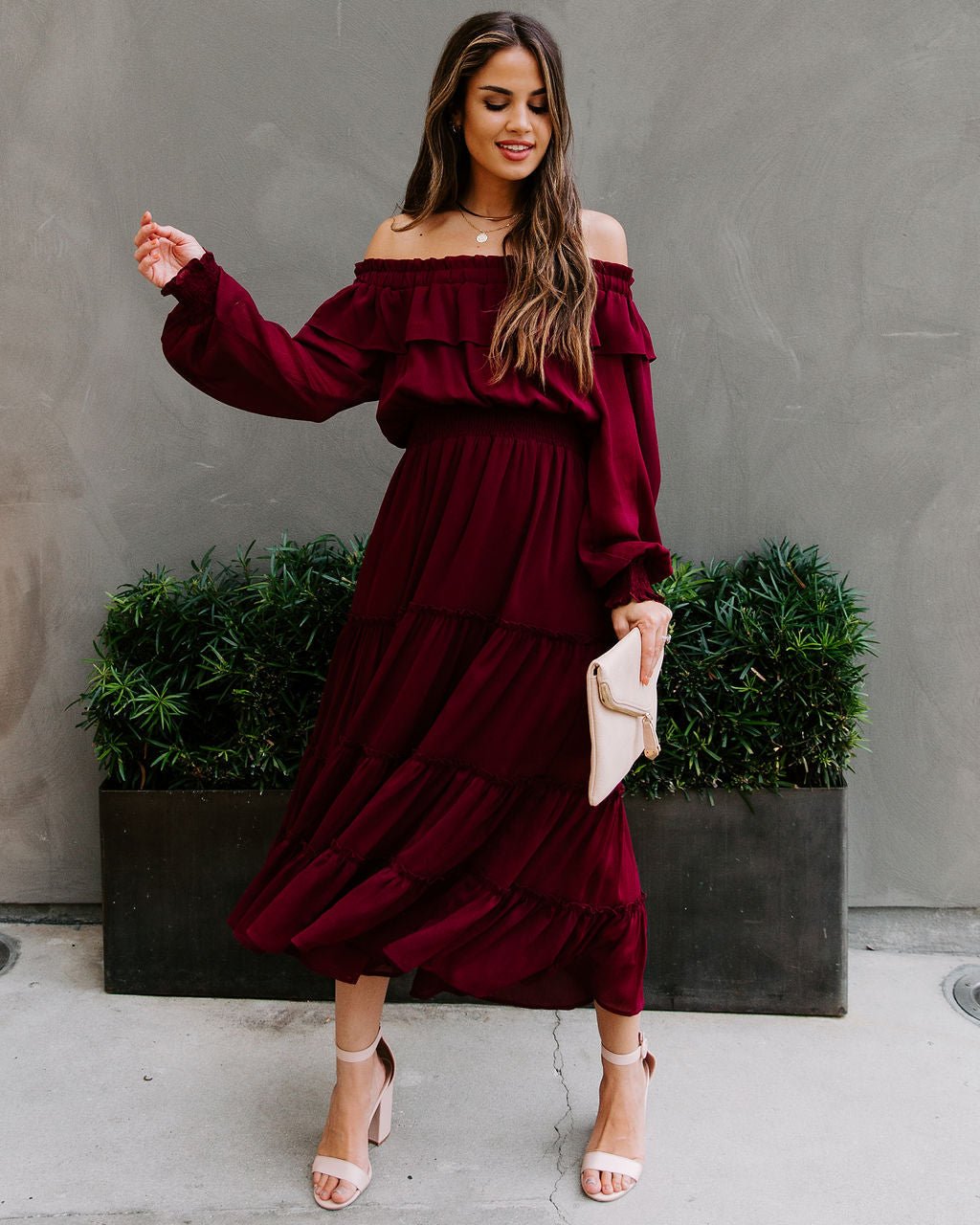 Off Shoulder Long Sleeve Ruffle Tiered Midi Dress