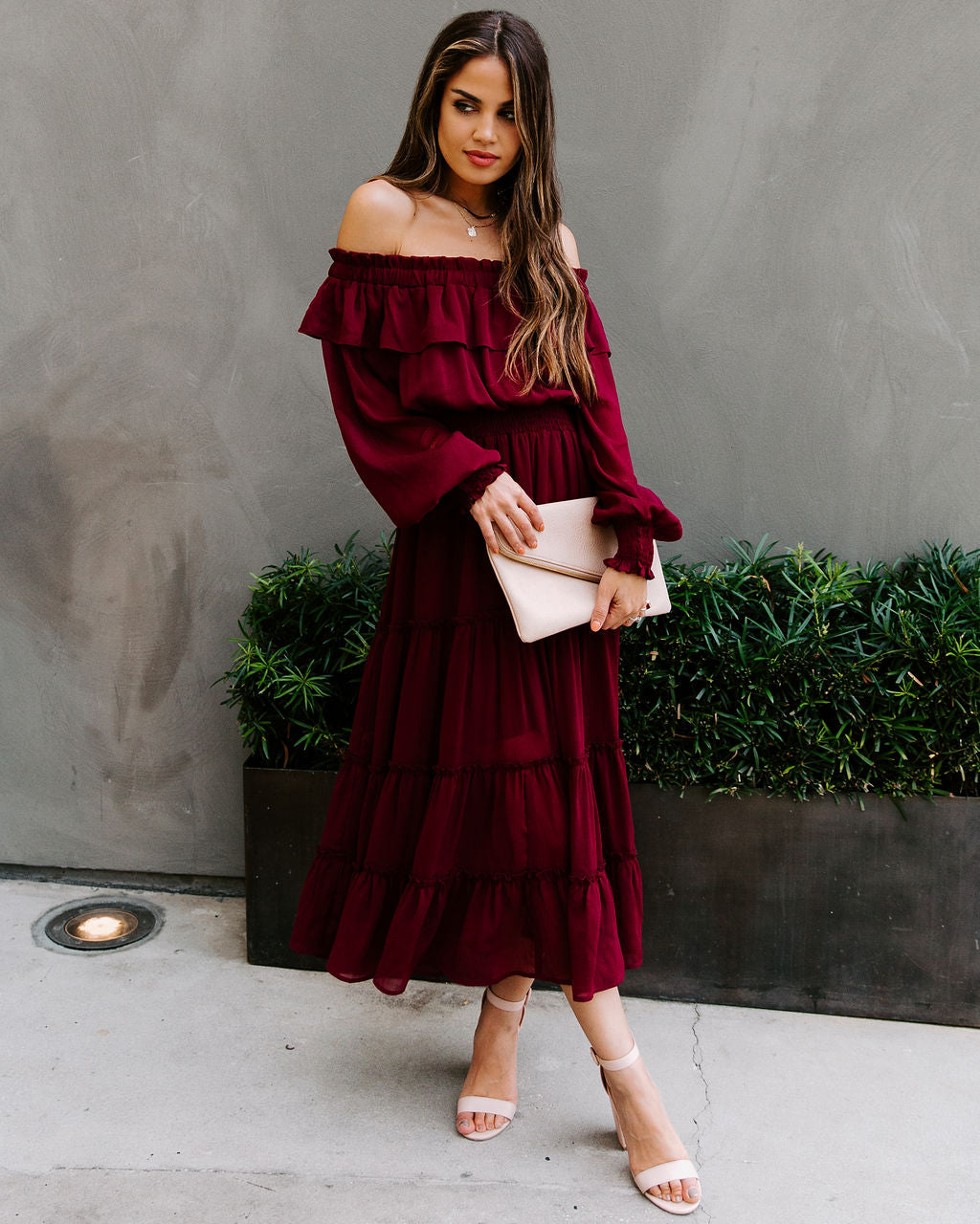 Off Shoulder Long Sleeve Ruffle Tiered Midi Dress
