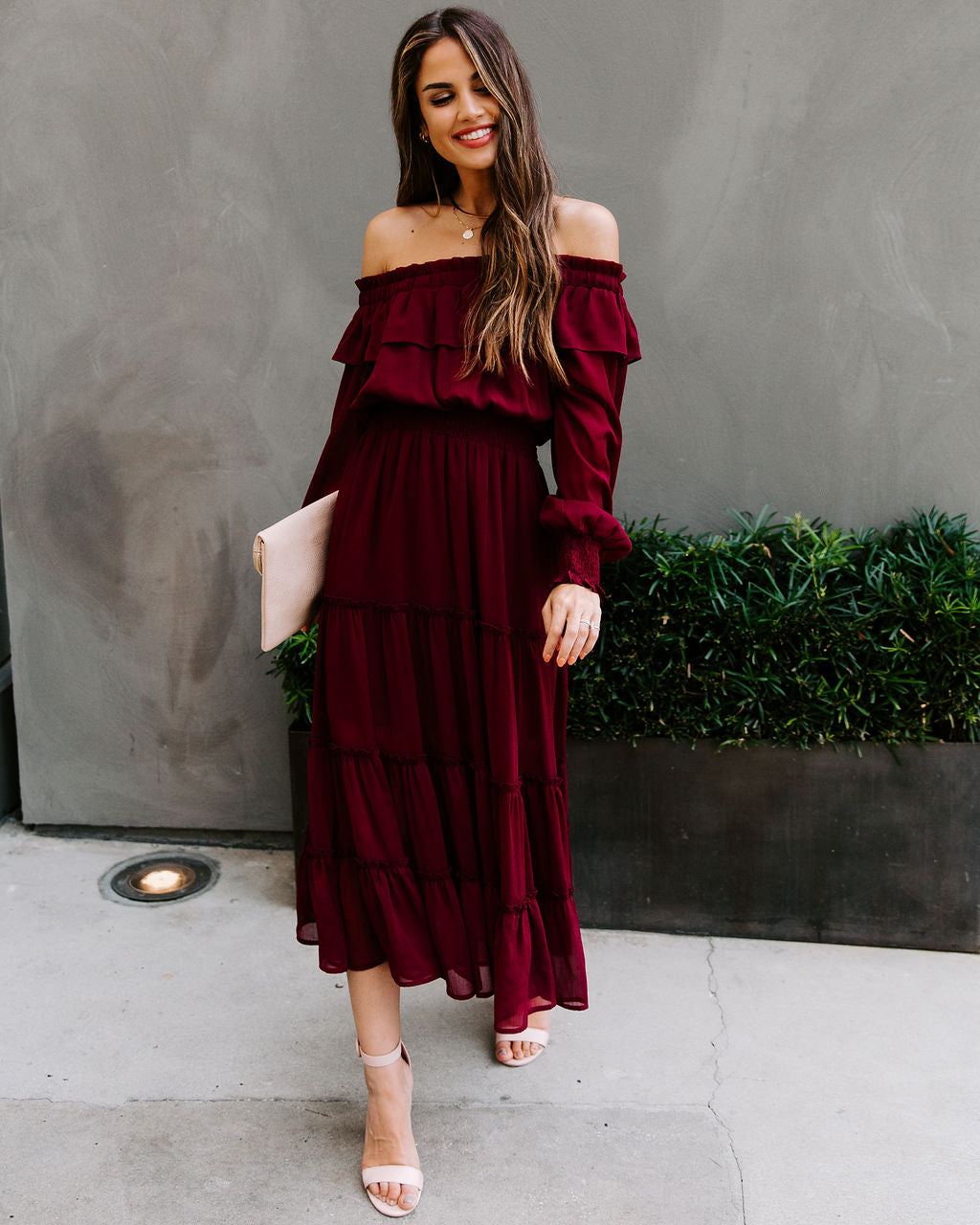 Off Shoulder Long Sleeve Ruffle Tiered Midi Dress