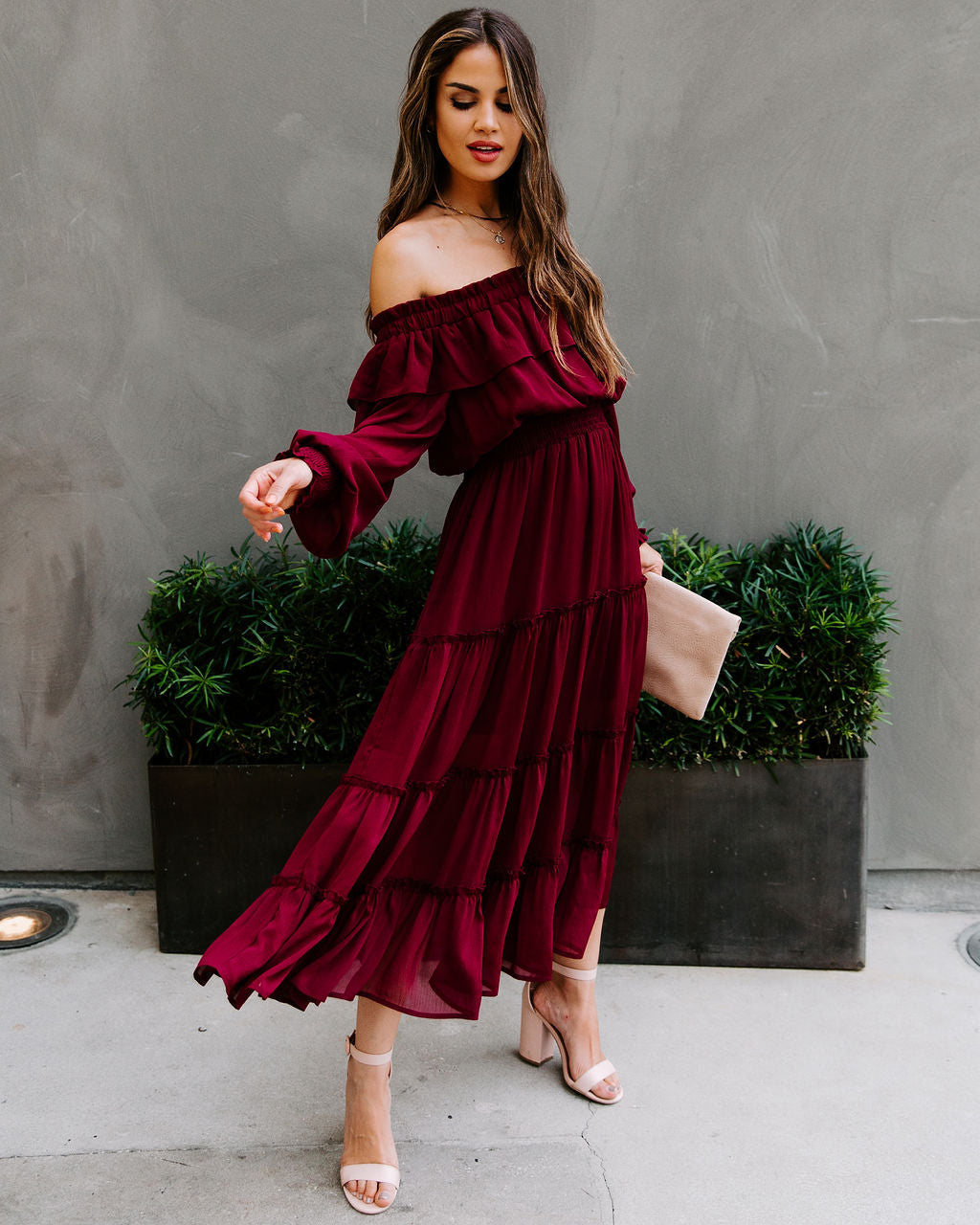 Off Shoulder Long Sleeve Ruffle Tiered Midi Dress