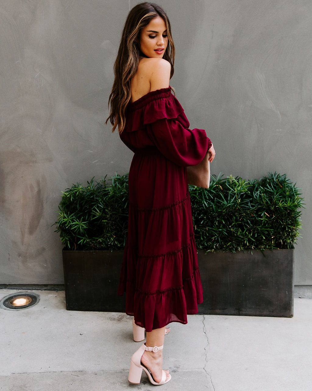 Off Shoulder Long Sleeve Ruffle Tiered Midi Dress