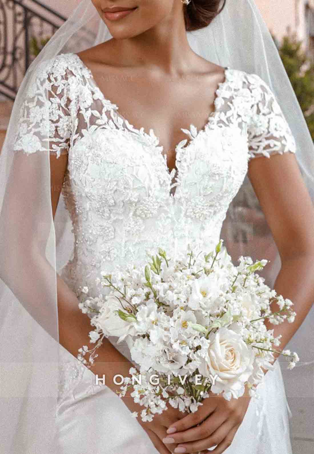 Short Sleeves Lace V-Neck Trumpet Tulle Pleated Sweep Train Wedding Dresses