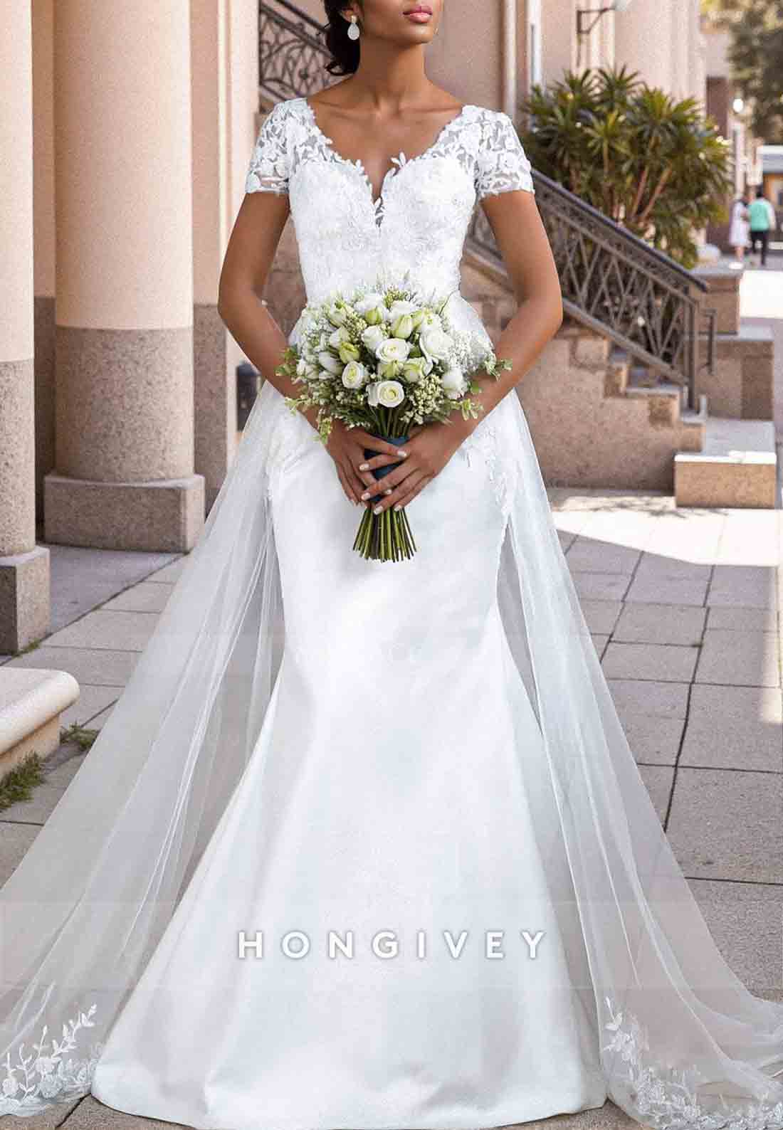 Short Sleeves Lace V-Neck Trumpet Tulle Pleated Sweep Train Wedding Dresses
