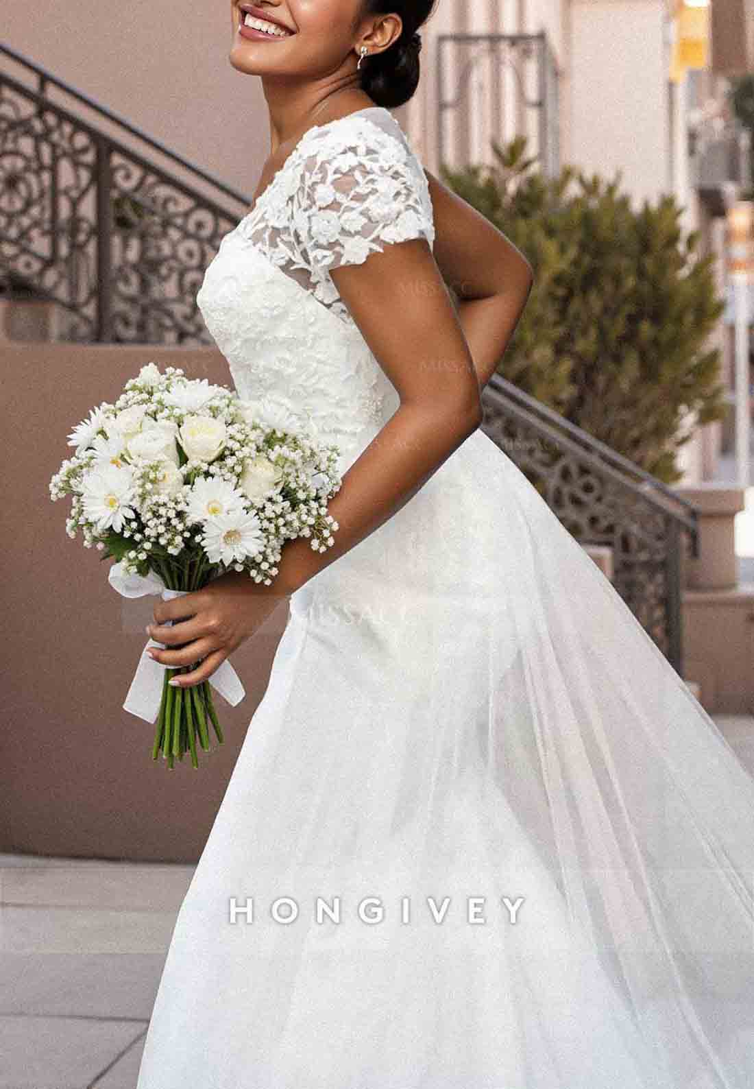 Short Sleeves Lace V-Neck Trumpet Tulle Pleated Sweep Train Wedding Dresses