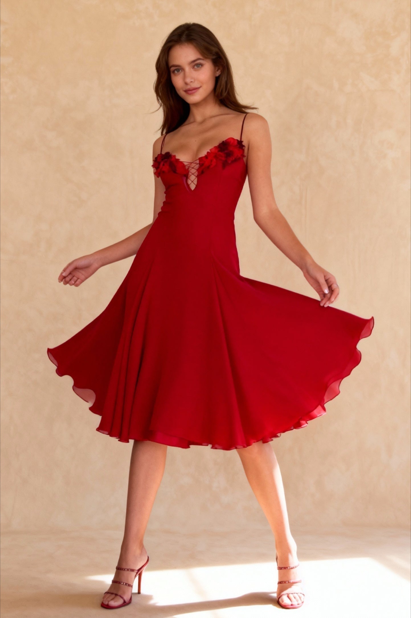 Deep V 3D Floral Sheer Midi Party Dress