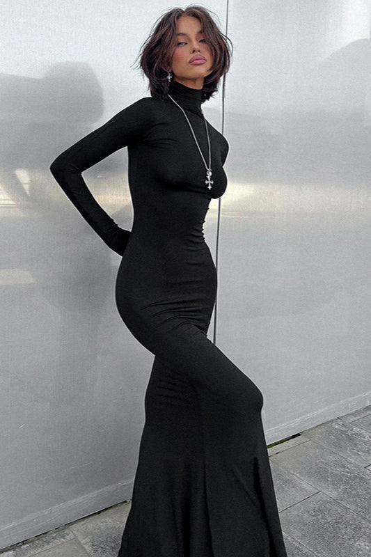 Trendy High Neck Long Sleeve Bodycon Maxi Dress