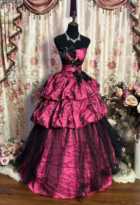 Vintage Sweetheart Neck Pink Tulle Satin Layered Ball Gown Formal Quinceanera Dress With Bow - Fashionpara
