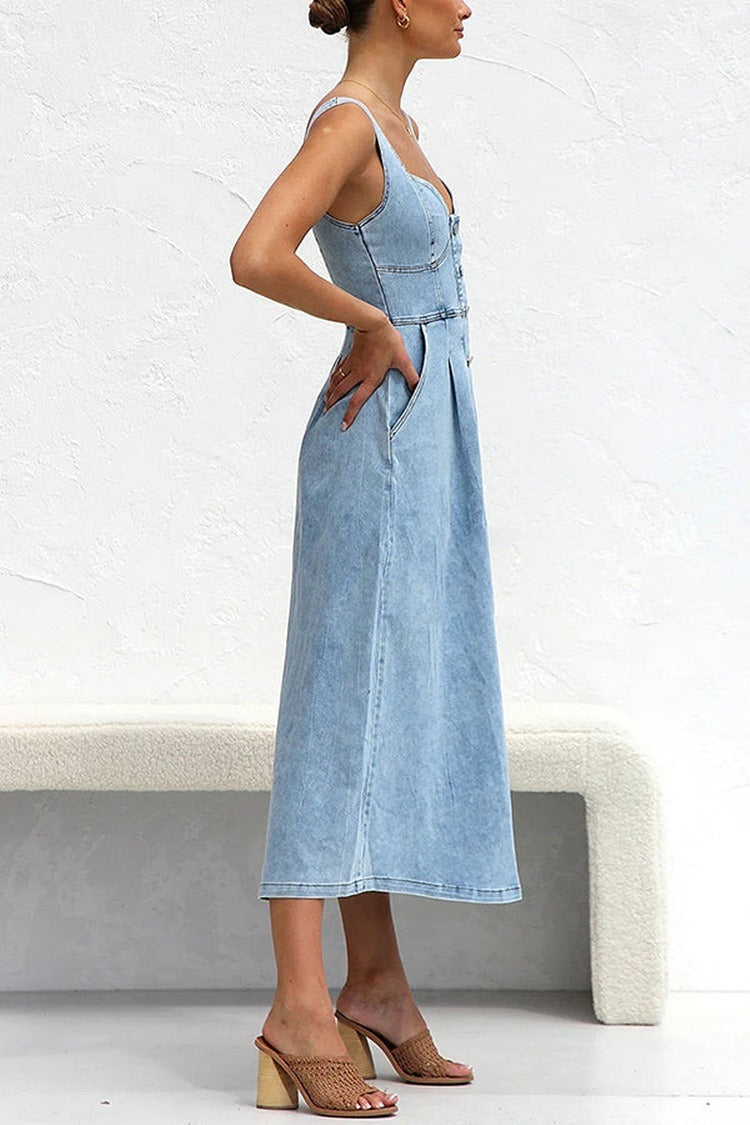 Denim Sweetheart Button-Front A-Line Midi Dress