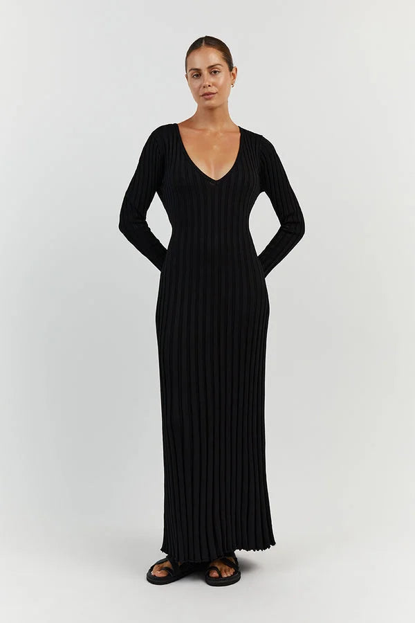 Ribbed Knit V-Neck Long Sleeve Bodycon Maxi Dress - View 6