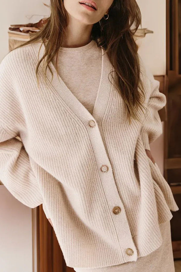 Lady Rin Relaxed Knit Ribbed Button Cardigan for Comfort