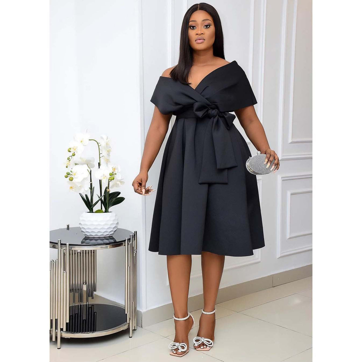Cap Sleeve Bow Waist Box Pleat Fit and Flare Midi Dress - View 4