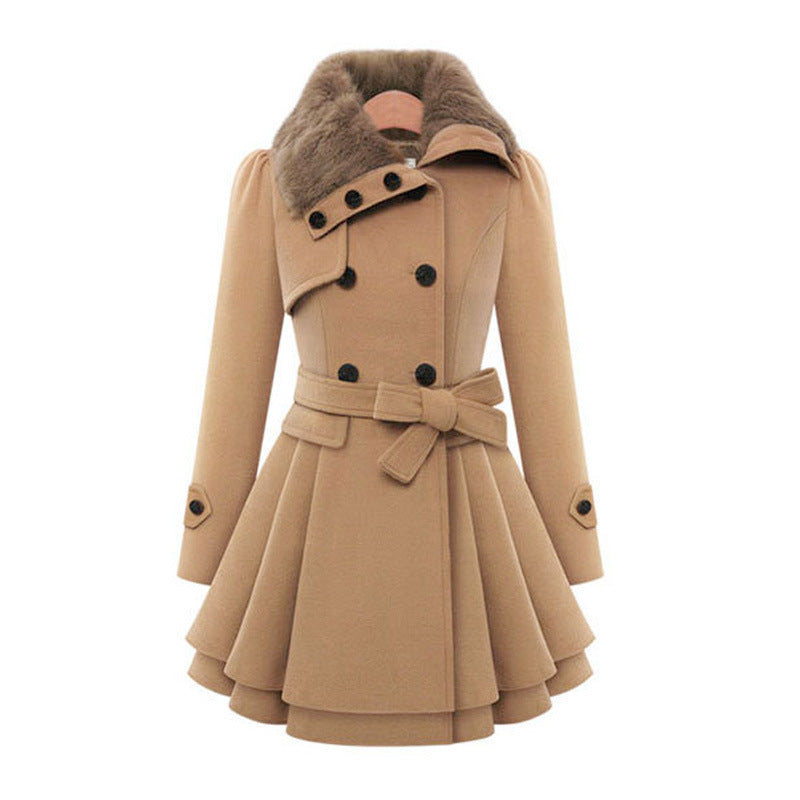 Faux Fur Collar Double Breasted Belted Skirted Coat 2