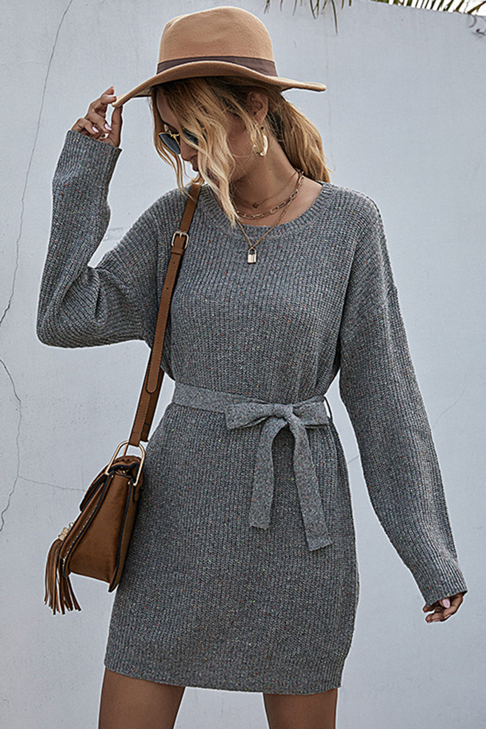 Solid Color Loose Belt Sweater Dress - Fashionpara