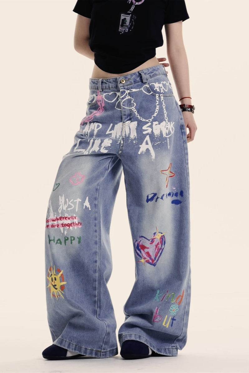 Y2K Baggy Graffiti Print Jeans