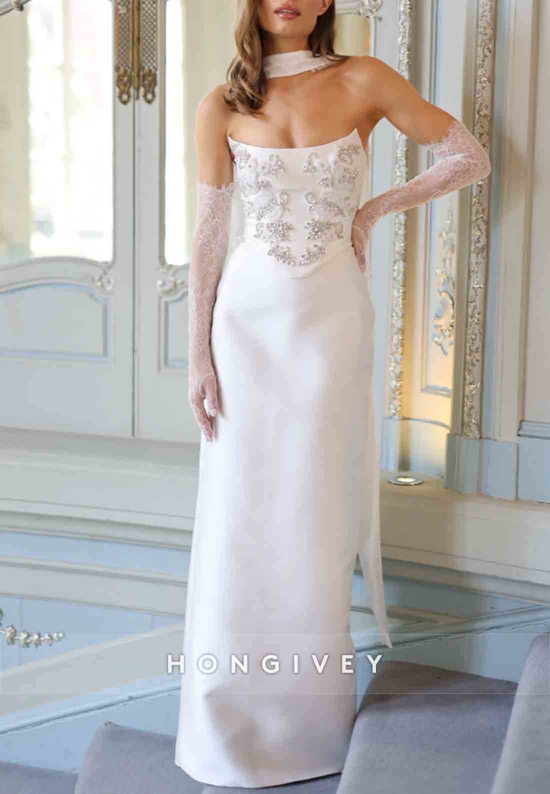 Strapless Crisscross Back Lace Sleeves Appliqued Column Wedding Dressesaa