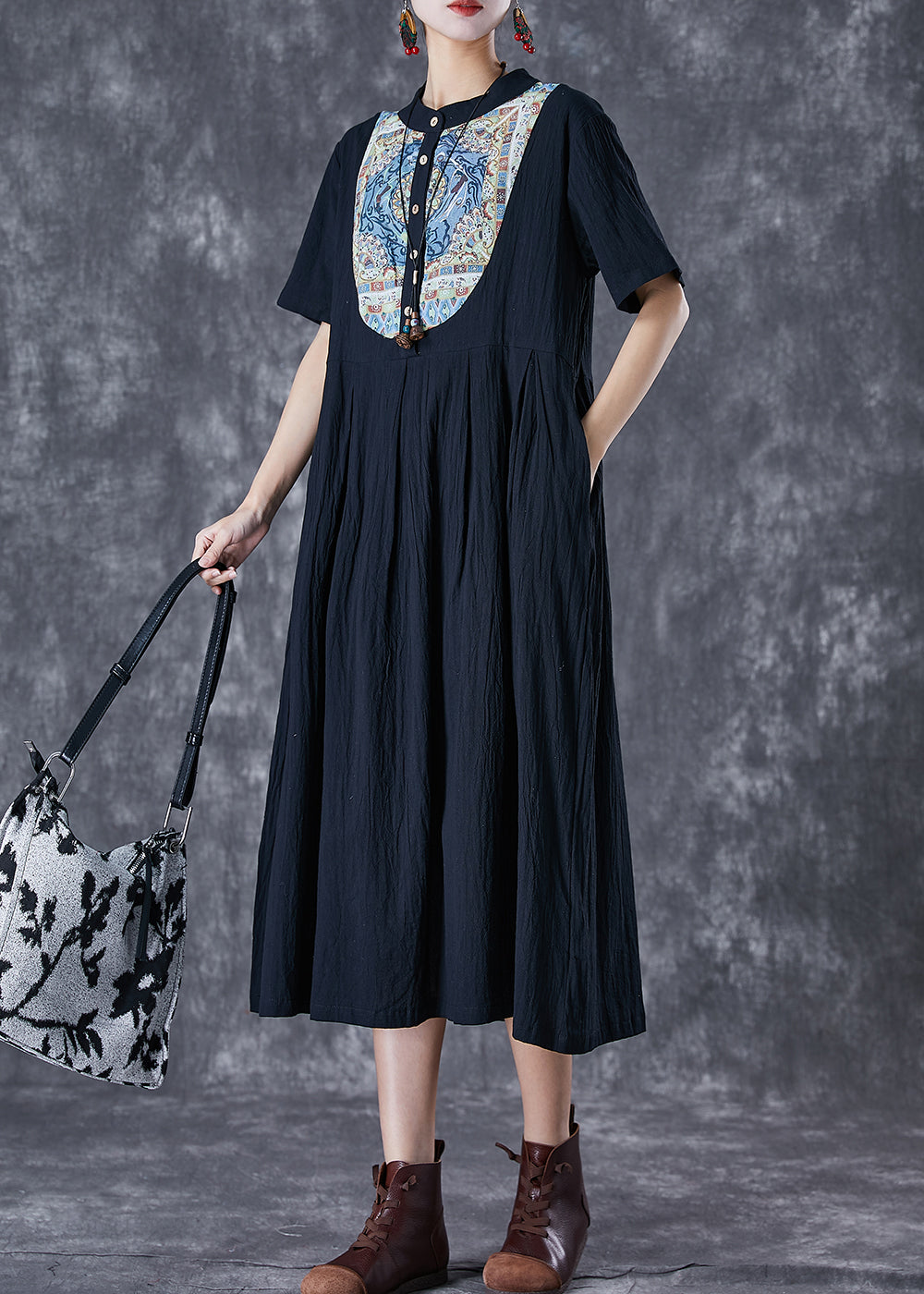 Stand Collar Short Sleeve Crinkle Woven Bib Panel Midi Dress - View 2