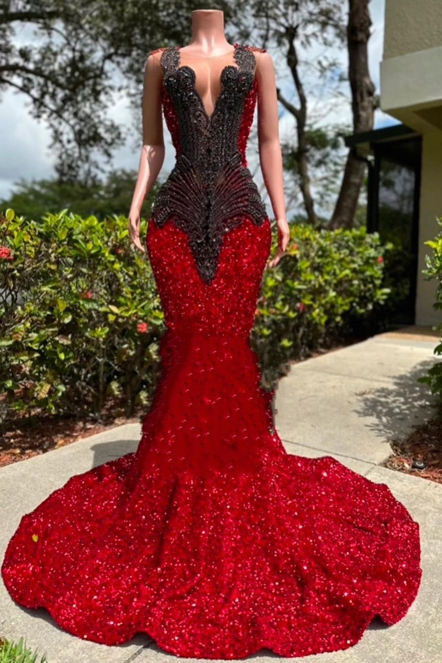 Beautiful Long V-neck Burgundy Sequined Prom Party Dresses - Fashionpara