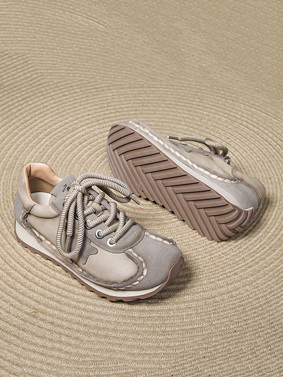 Retro Leather Colorblock Low Heel Sport Shoes