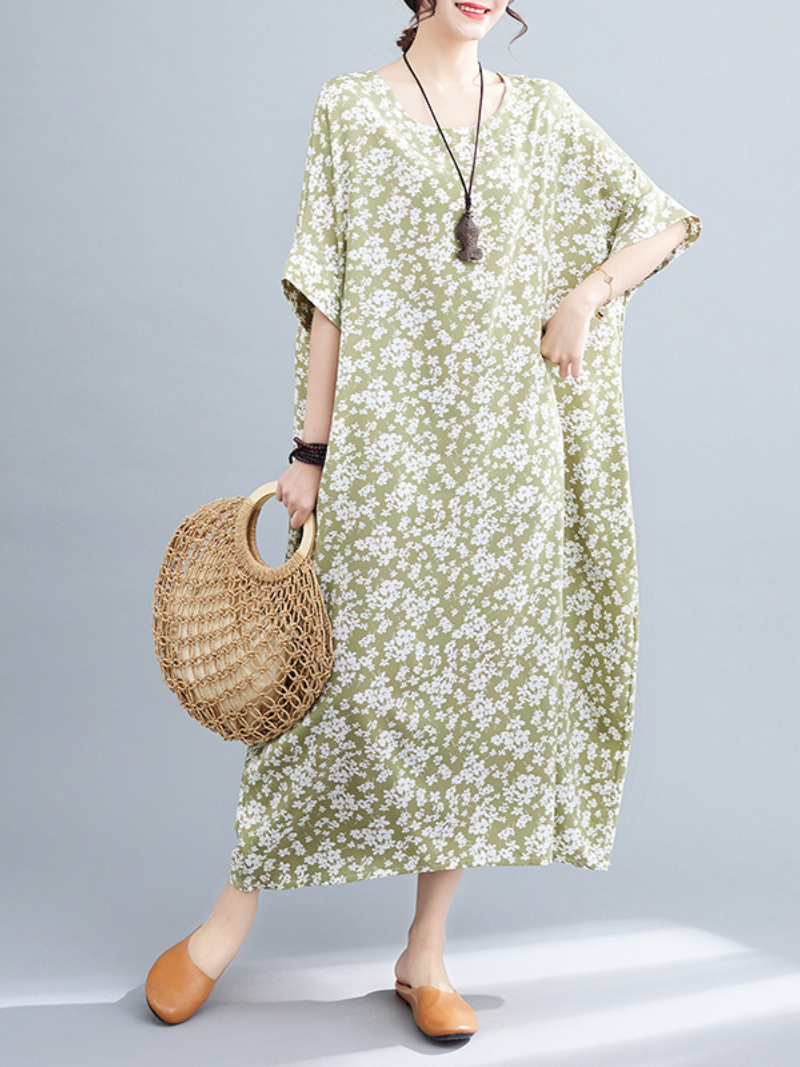 Ditsy Floral Round-Neck Batwing-Sleeve Loose Maxi Dress 4