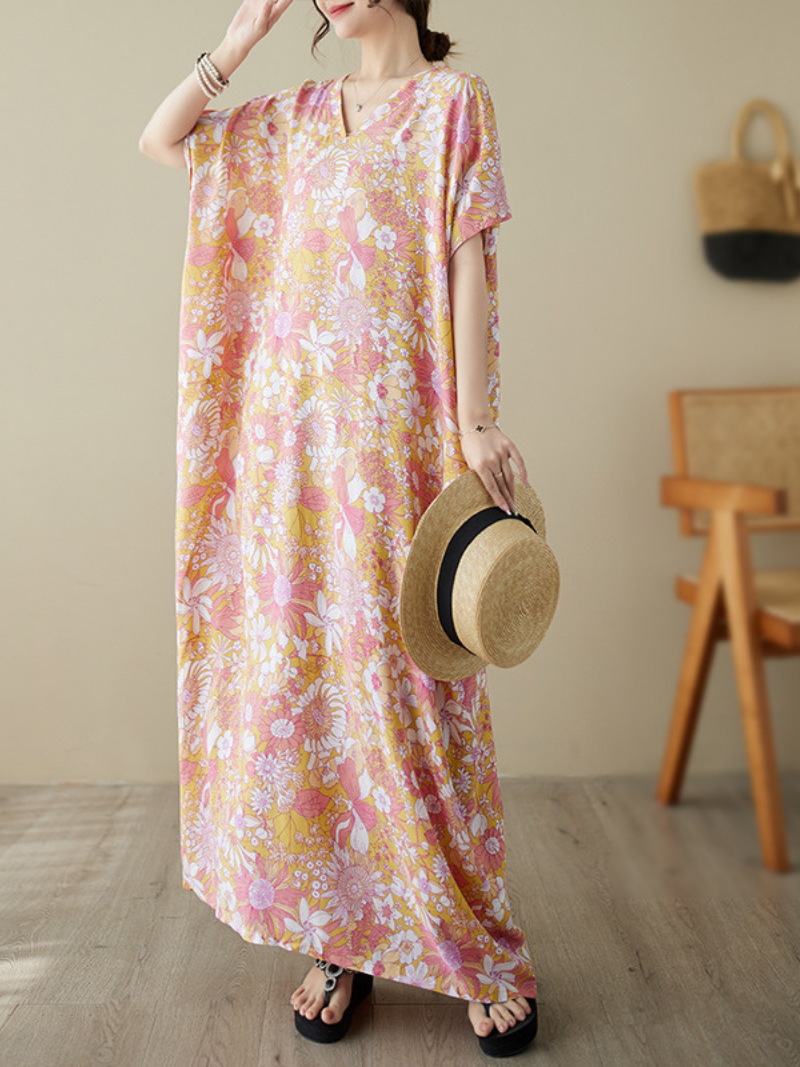 Floral Print V-Neck Short Sleeve Kaftan Maxi Dress 5