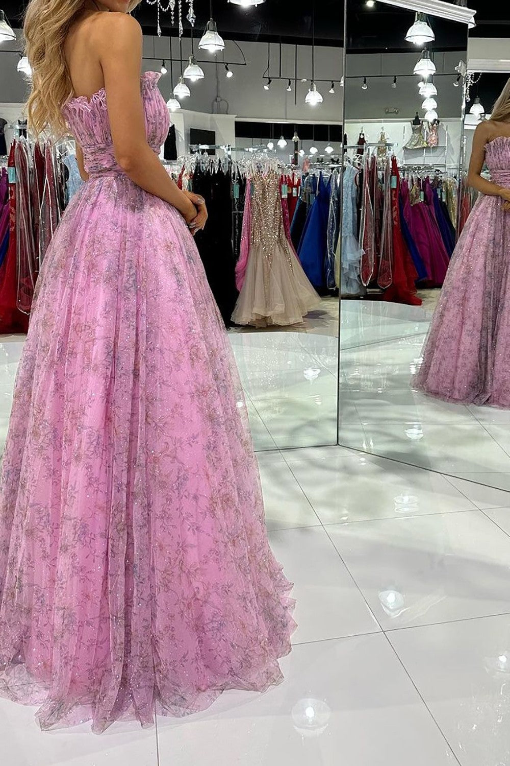 Gorgeous A Line Strapless Pink Floral Printed Long Prom Dress with Ruffles
