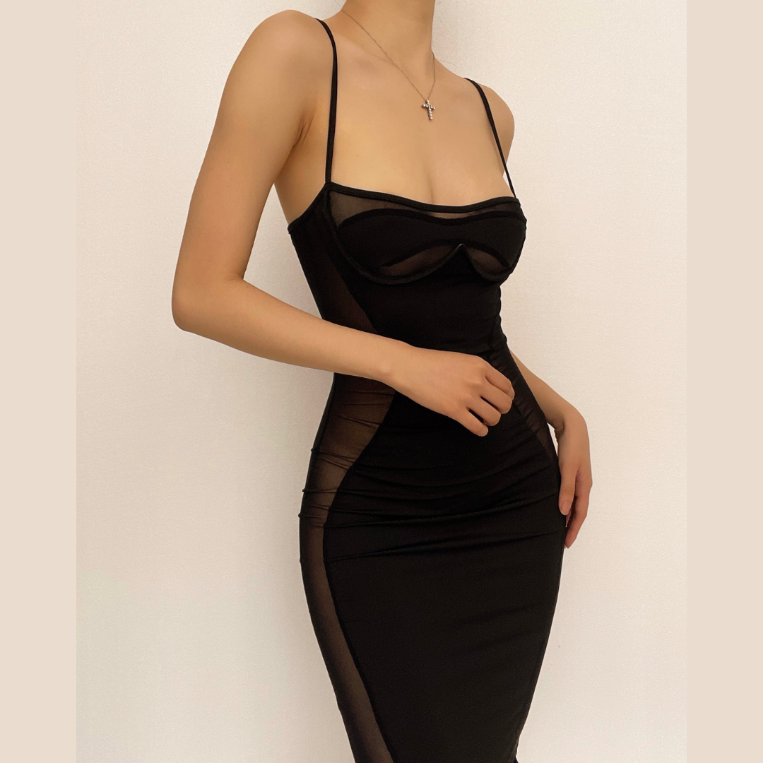 Low Cut Mesh See Through Patchwork Cami midi Dress - View 9