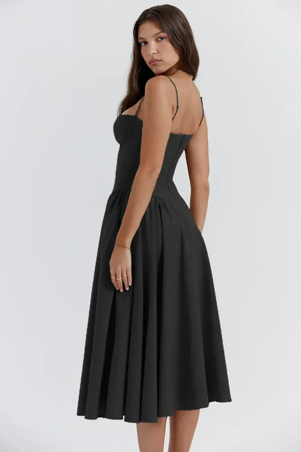 Spaghetti Strap Corset Bodice Pleated Fit and Flare Midi Dress - View 19