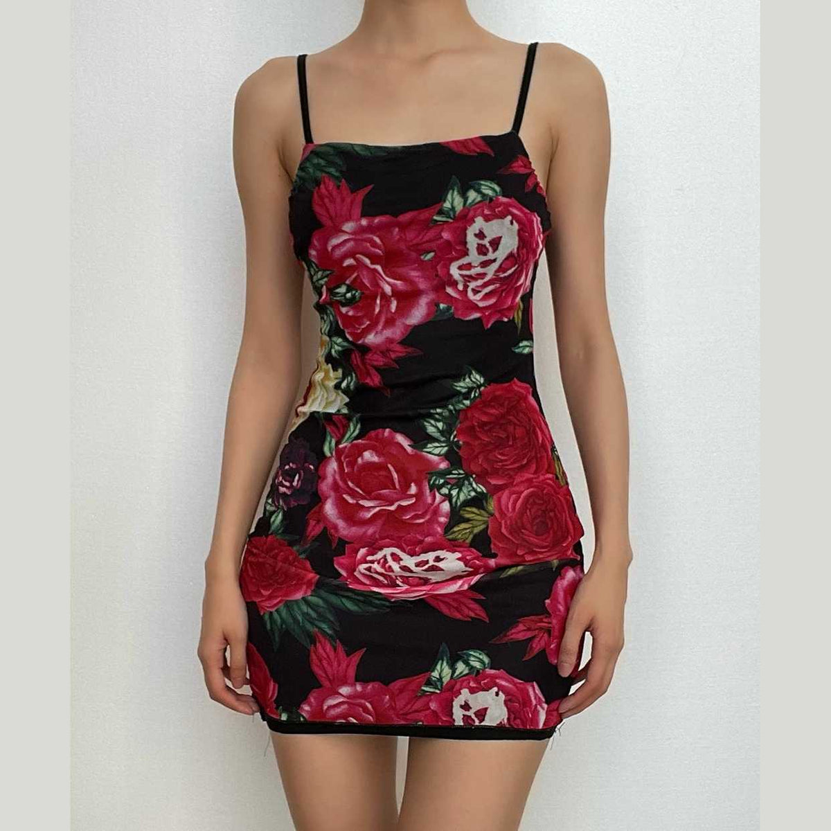 Rose Floral Print Square Neck Spaghetti Strap Bodycon Mini Dress