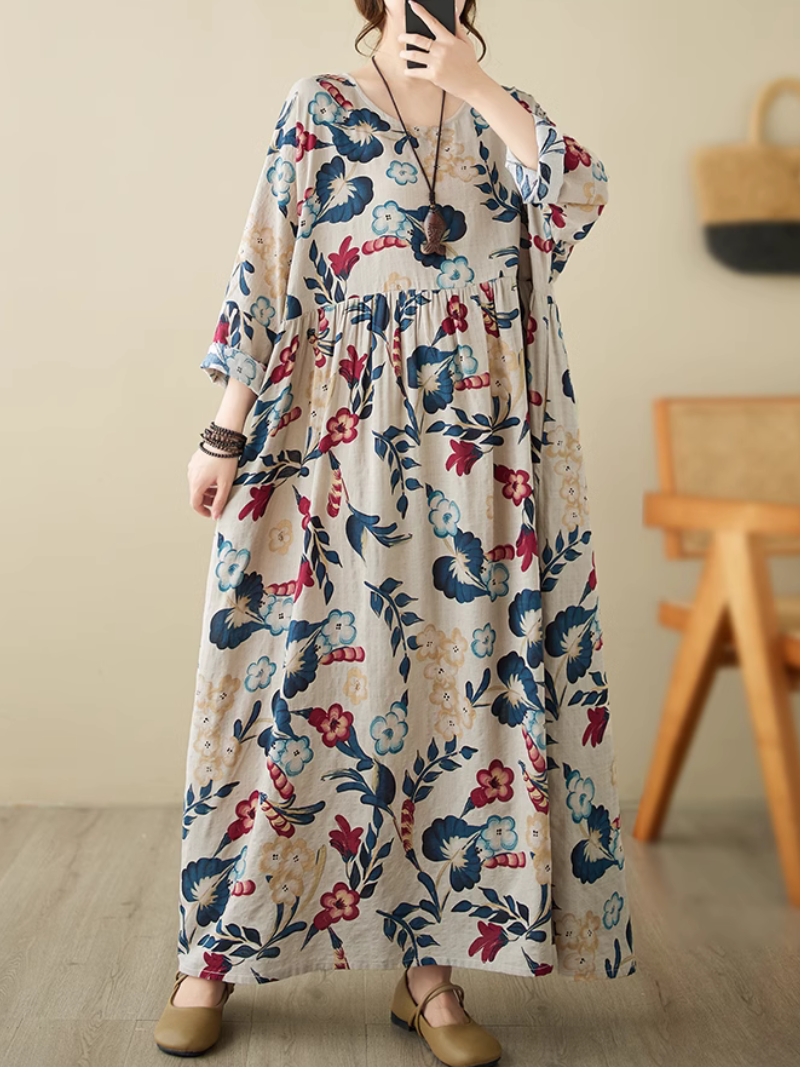 Floral Print Round Neck Long Sleeve Tiered Maxi Dress 7