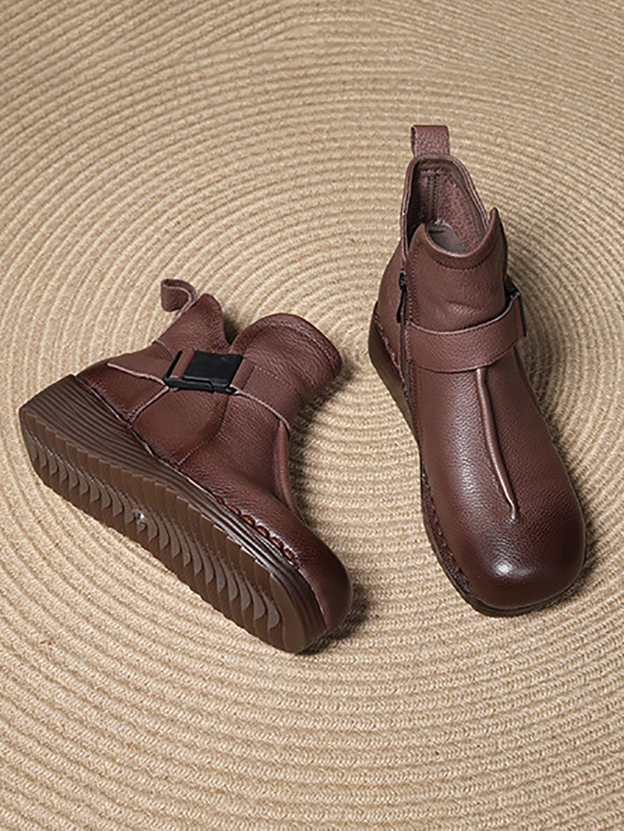 Retro Leather Spliced Mid Heel Ankle Boots