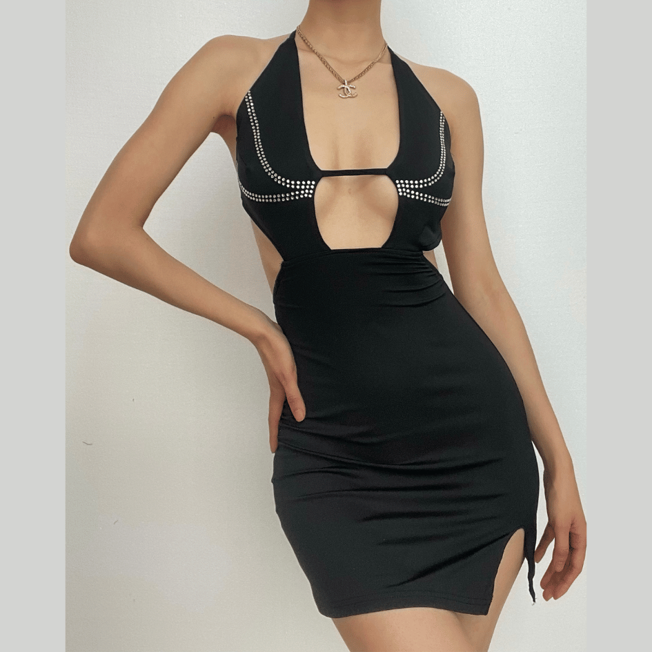 Beaded Halter Neck Cut Out High Split Bodycon Mini Dress