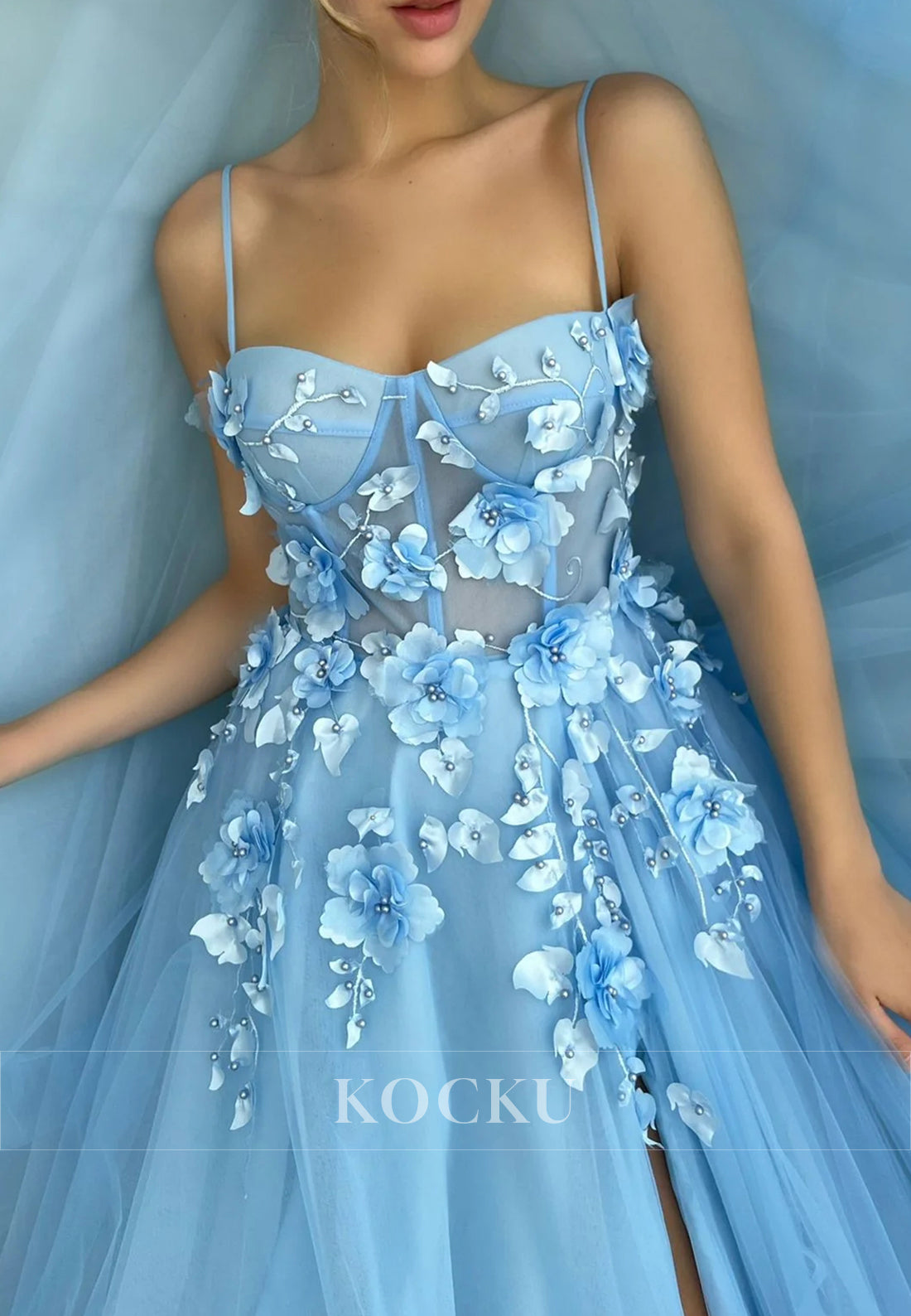 Blue Spaghetti Straps Beading Embellished Prom Dresses with Side Split