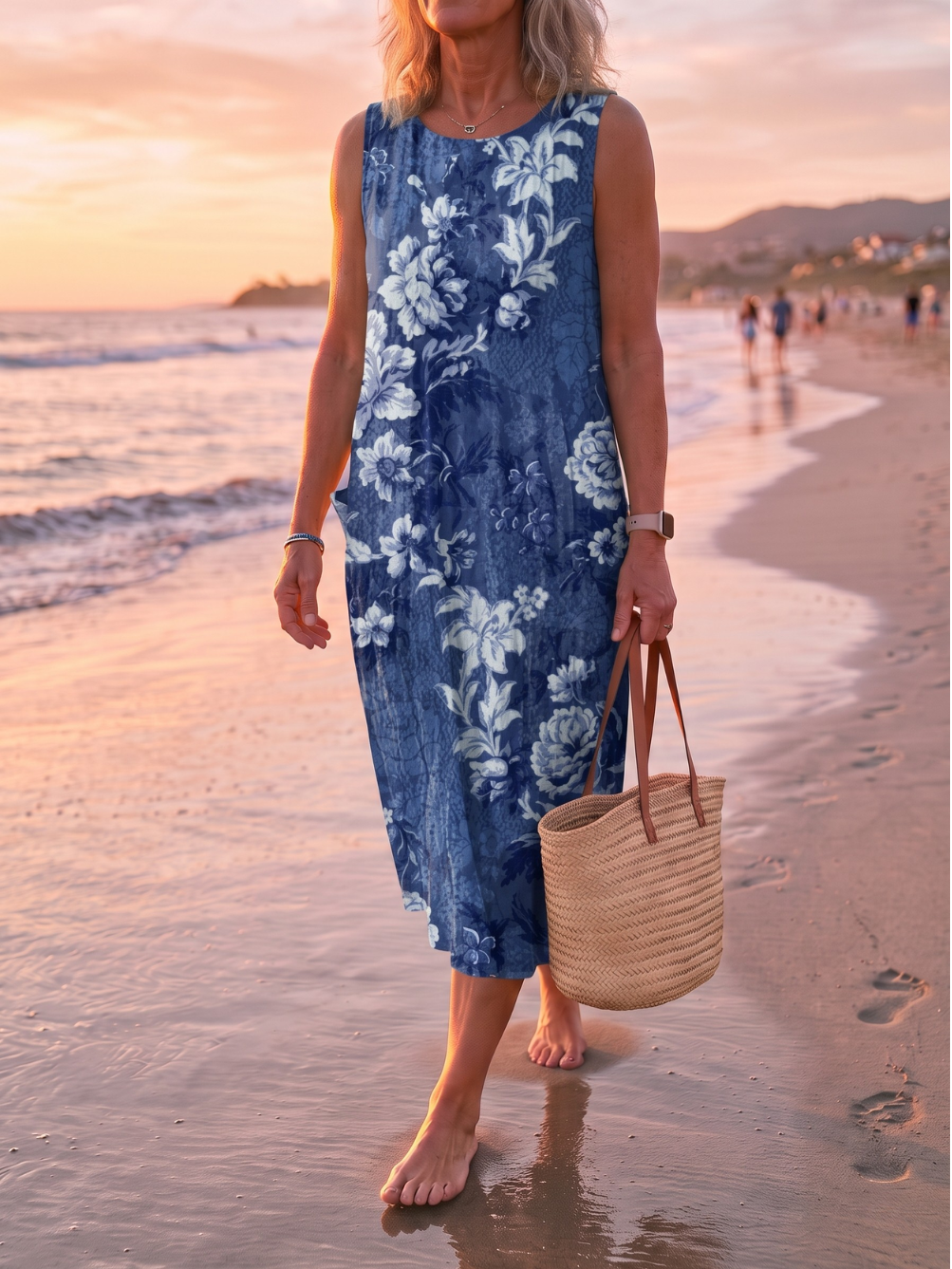 Floral Print Round Neck Sleeveless Beach Midi Dress