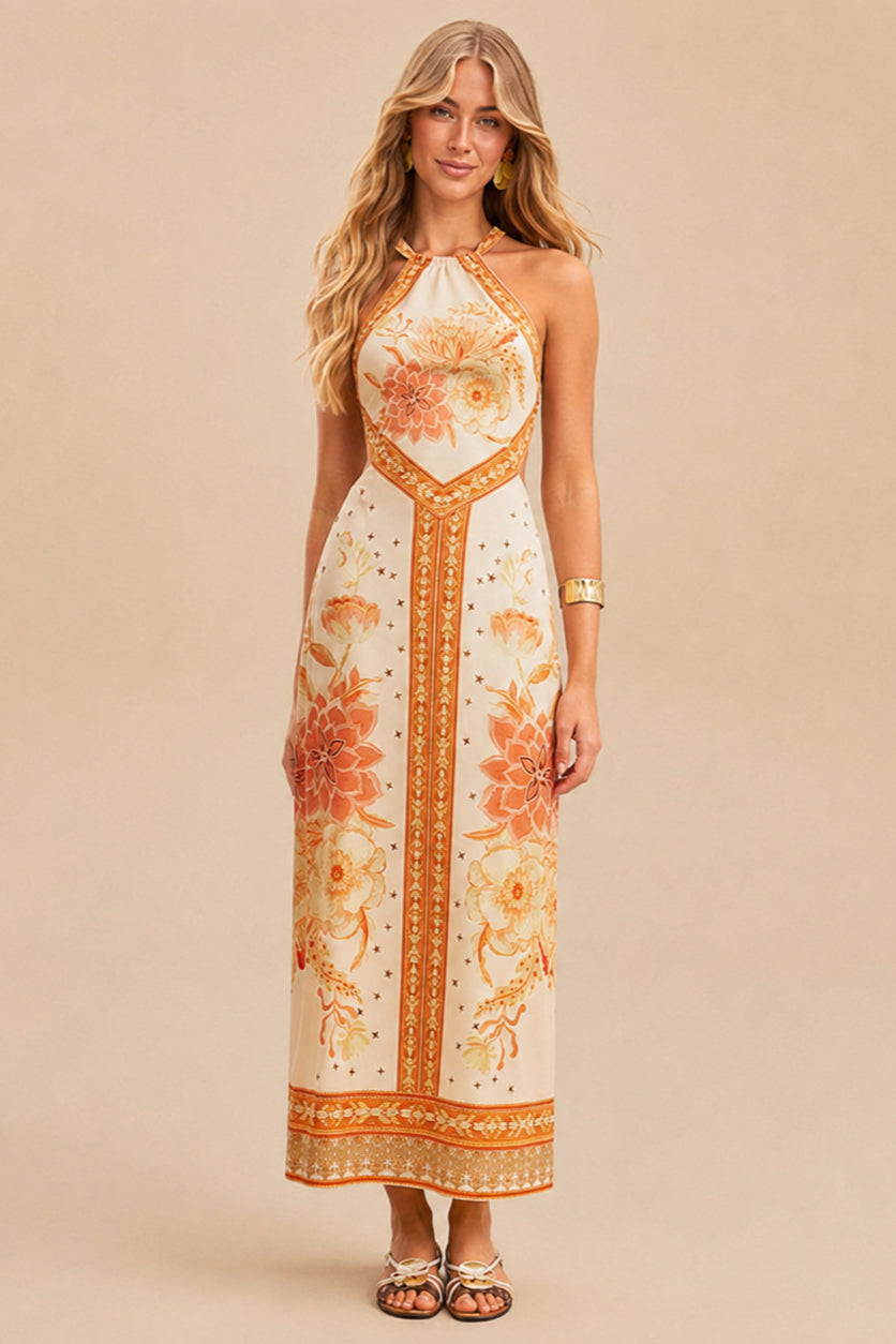 Floral Placement Print Halter Neck Maxi Dress