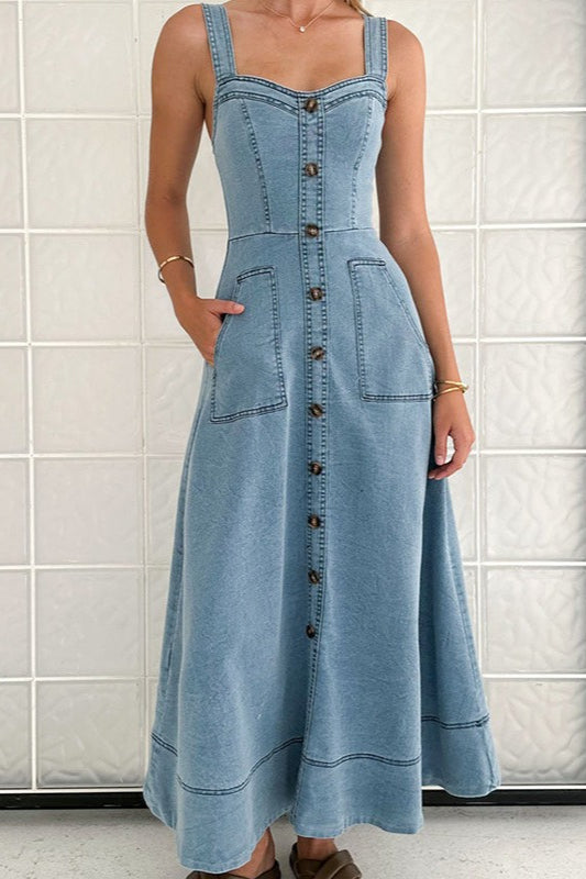Denim Square-Neck Button-Front A-Line Maxi Dress