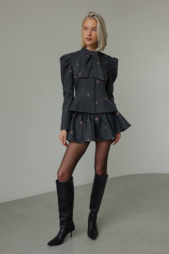 Embroidered Waist-Cinched Blazer & Mini Skirt Two Piece Set