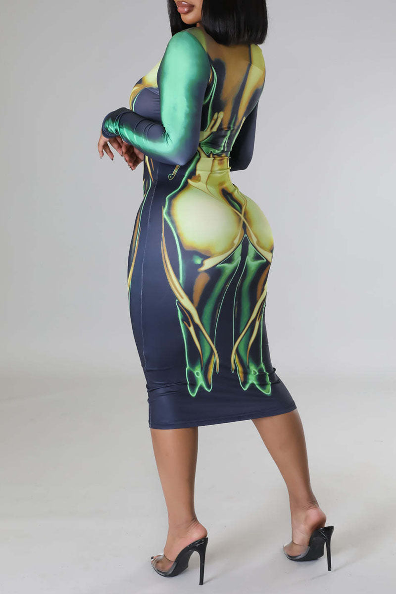 Sexy Print Patchwork O Neck Pencil Skirt Dresses  Fashionpara