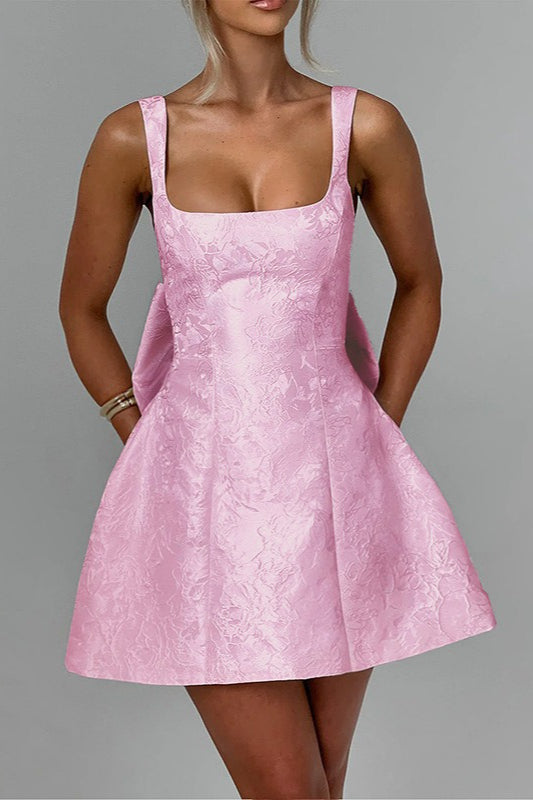 Jacquard Square-Neck Bow-Back Fit-and-Flare Mini Dress