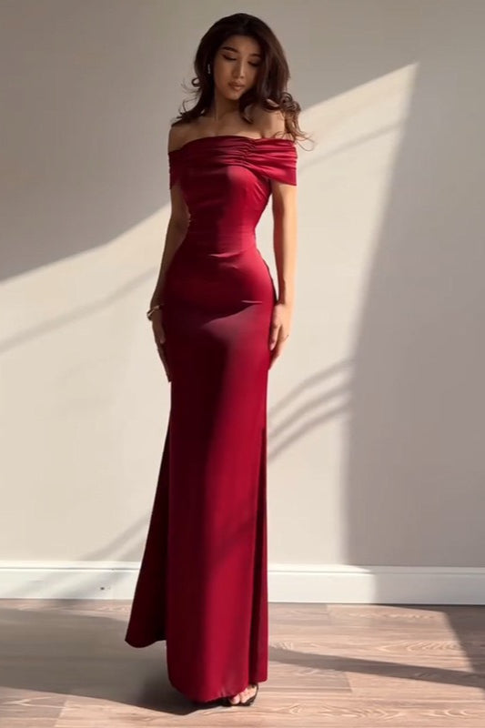 Satin Off Shoulder Ruched Mermaid Formal Gown - View 2