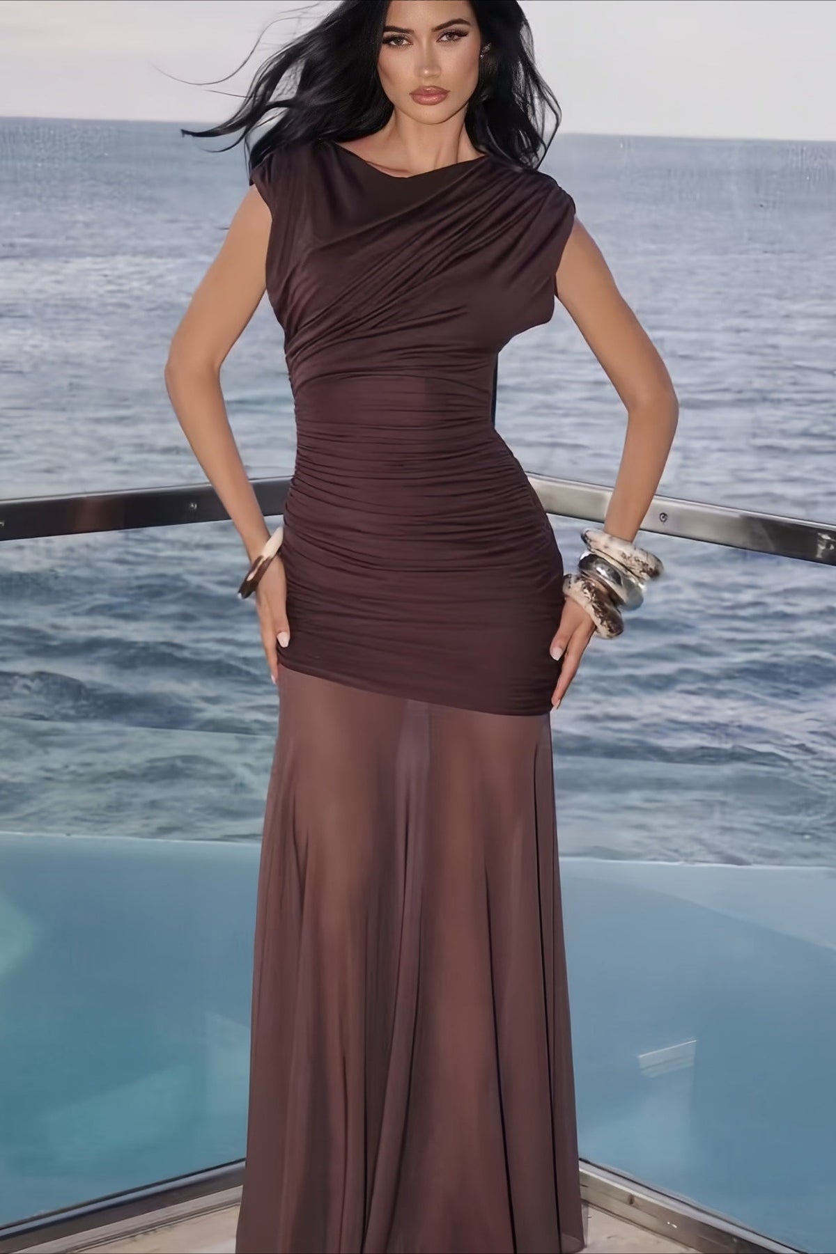 Boat Neck Cap Sleeve Ruched Mermaid Maxi Dress