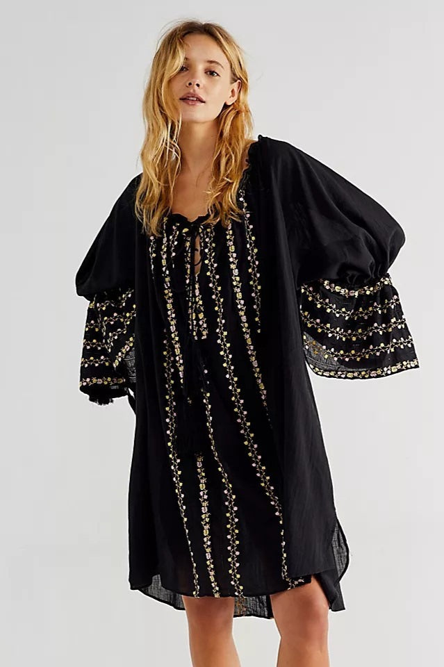 Embroidered V-Neck Puff-Sleeve Tie-Front Mini Dress