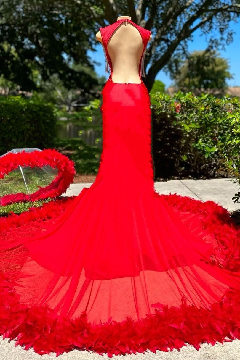 Elegant Deep V-neck Mermaid Ruby Feather Silver Beaded Prom Party Dresses - Fashionpara