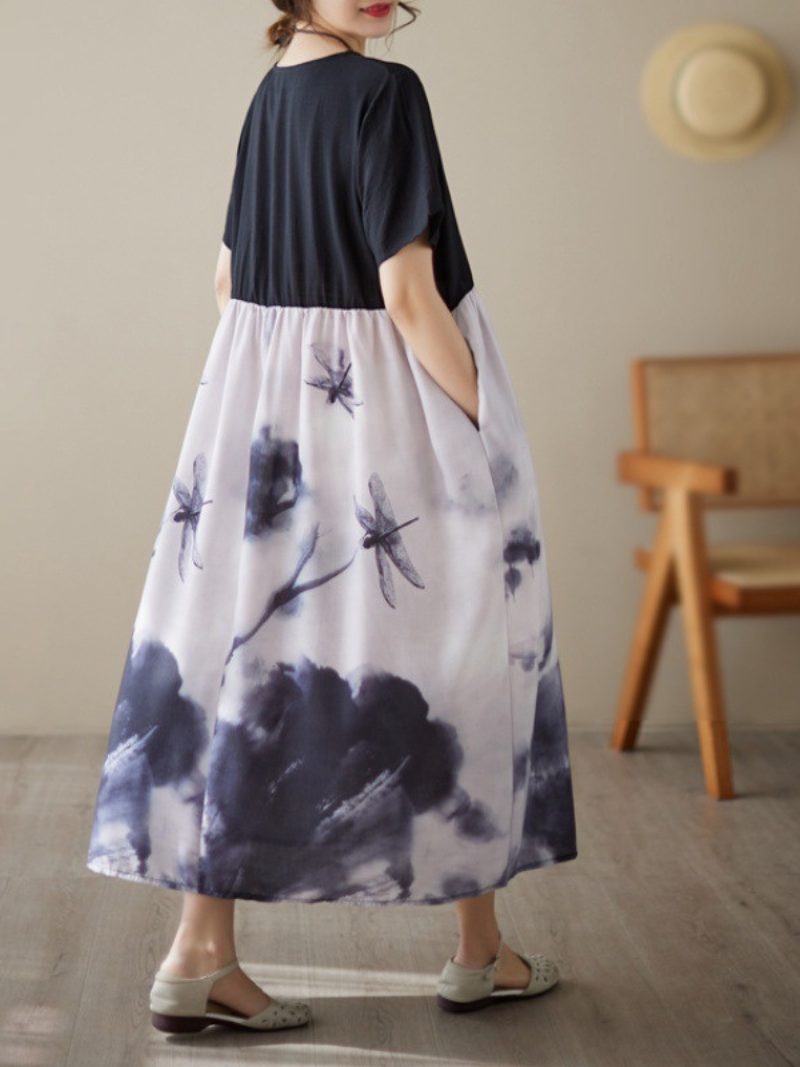 Ink-Wash Print Round Neck Short-Sleeve Pleated Midi Dress 5
