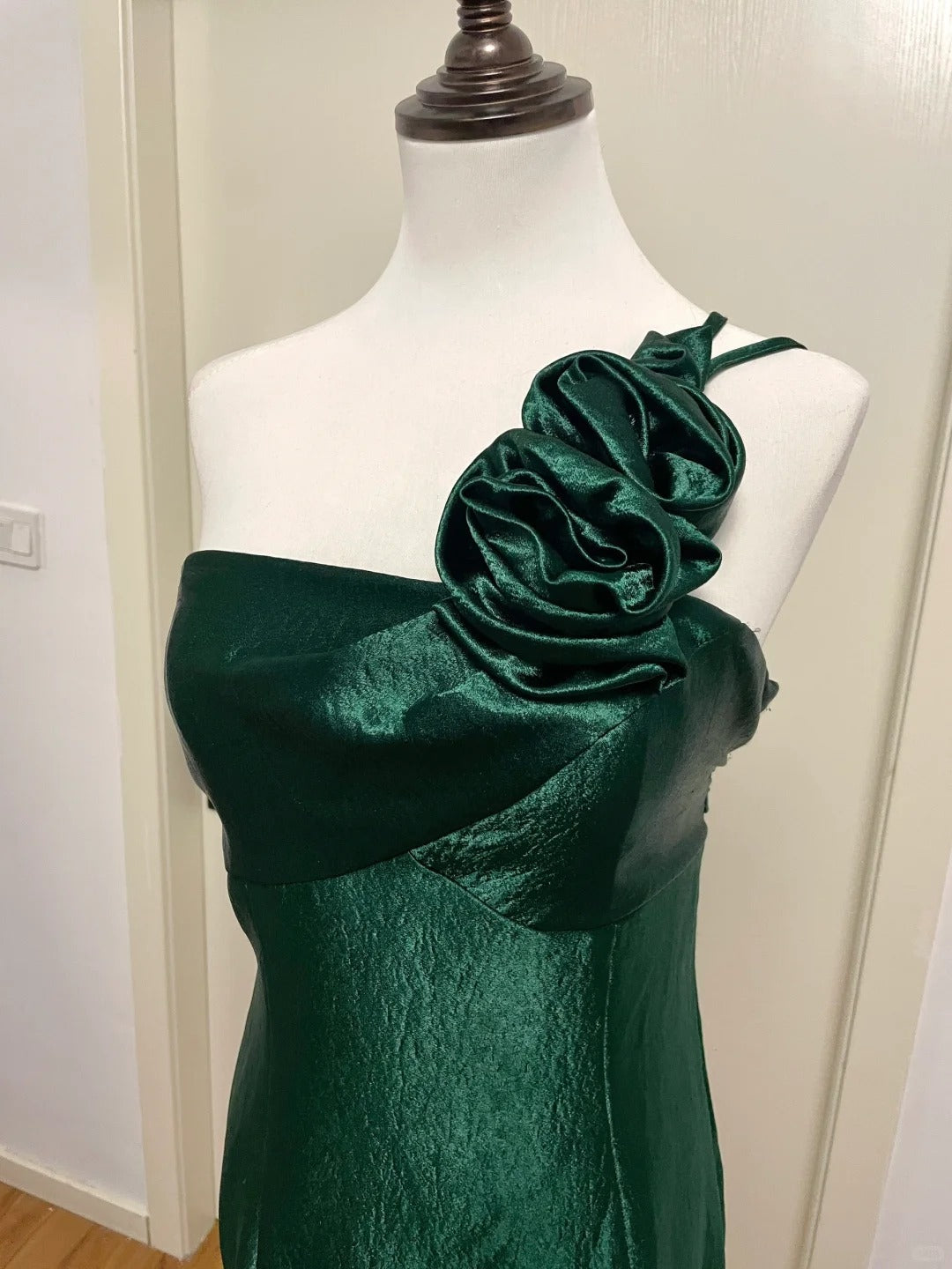 Elegant Dark Green 3D Floral One-shoulder Satin Long Prom Dress Evening Dress P4190