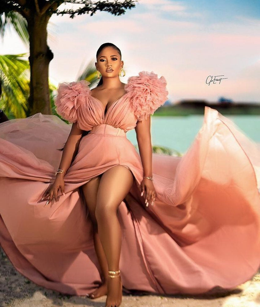 Plus Size Split Joint V Neck Tulle Ruffle Trailing Maxi Dress  Fashionpara