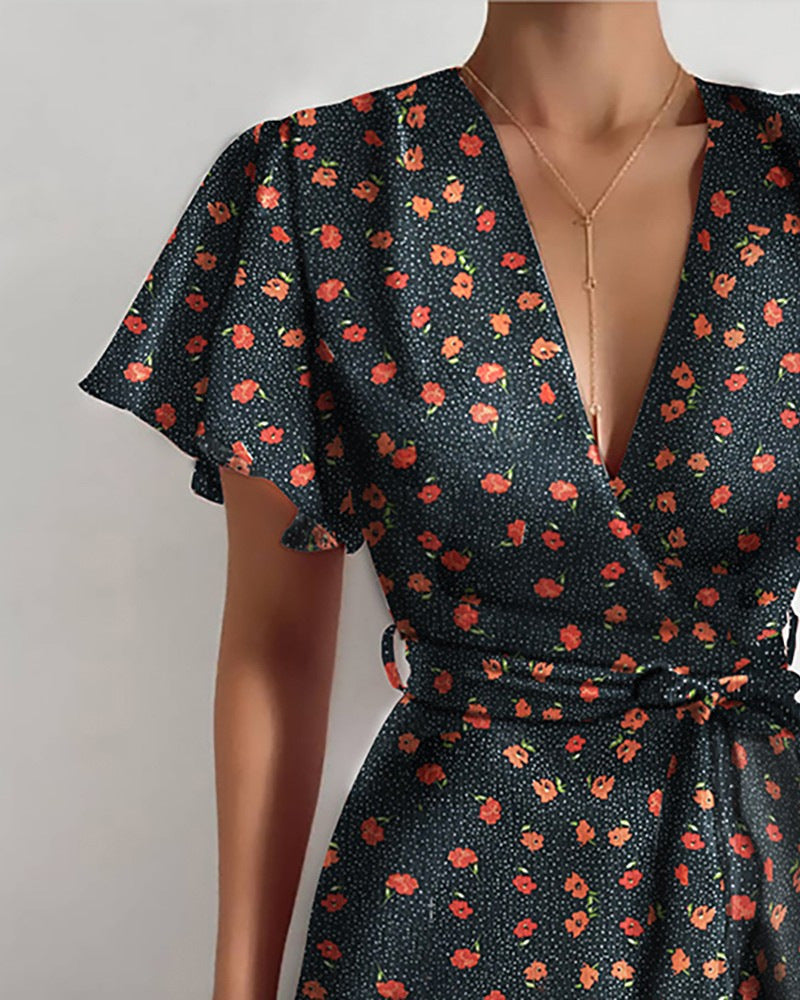 Leopard Print Flutter-Sleeve Wrap Ruffle Mini Dress 12