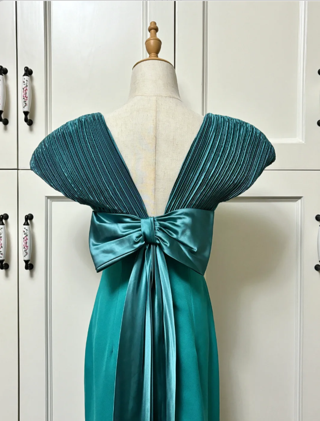 Elegant Teal Bow Fitted Satin Long Prom Dress Evening Dress P4191